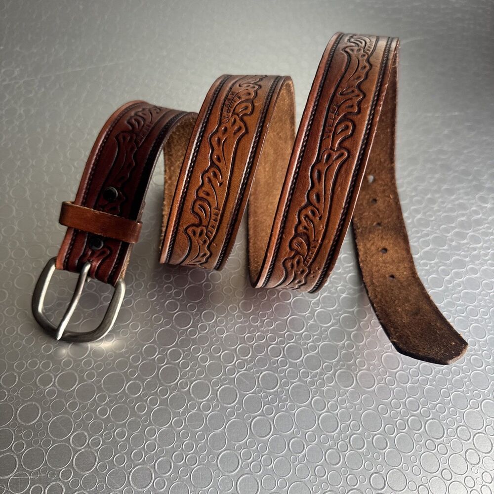 Vtg Leather Western Belt Mens 40 Full Grain Steerhide USA Brown Debossed Unisex